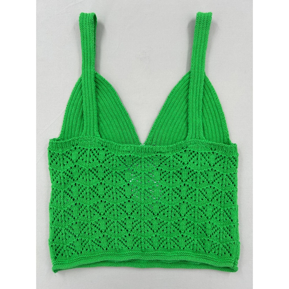 Zara Green Pointelle Knit Crop Top V-Neck Sleeveless Tank Small - Picture 4 of 12